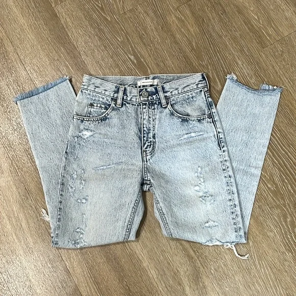 Moussy Denim High Rise Light Wash Straight Leg Distressed Jeans Size 25 - Picture 6 of 9